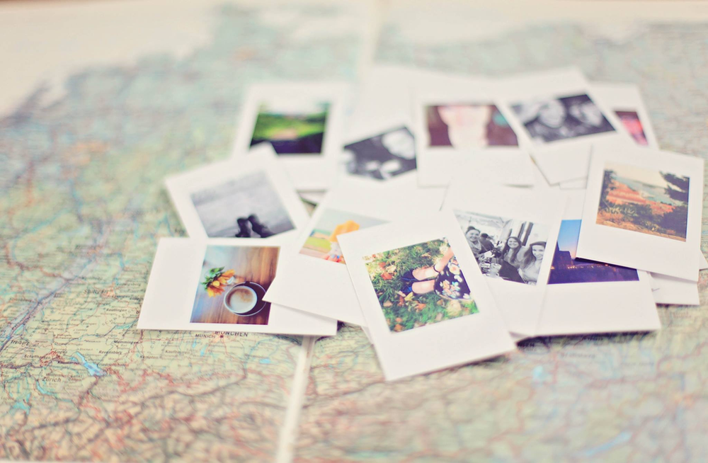 Map and photographs, memories of places visited