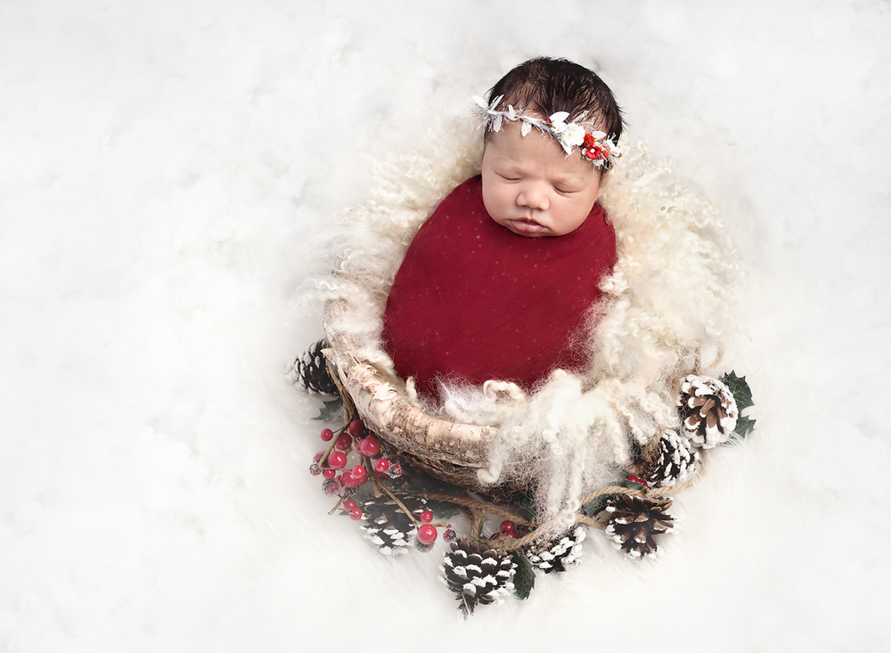 baby swaddled and posed in a christmas theme prop