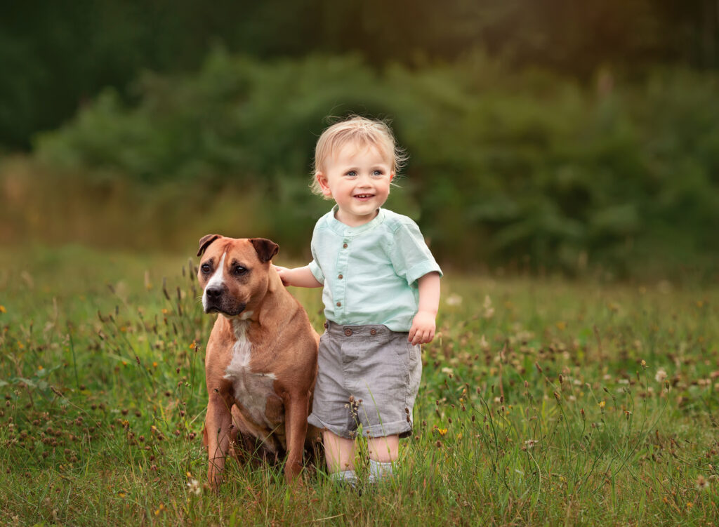 Toddler and his dog posed together in a meadow in Papplewick, Nottingham Outdoor photography session by Fairy Nuff Photography, Nottingham